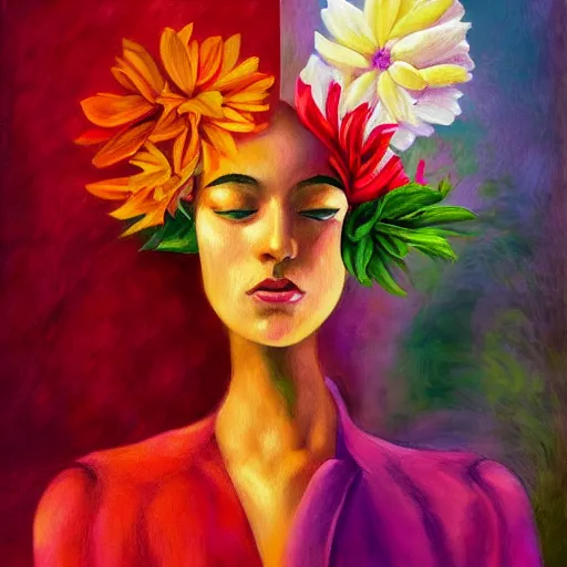 Prompt: huge flower as head, woman standing in a luxury apartment, surreal, dramatic light, impressionist painting, digital painting, artstation, georgia o'keeffe