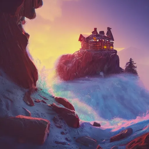 Image similar to a cozy colorful cabin carved into a mountain, view of the ocean, huge waves beneath, dramatic lighting, artstation, matte painting, raphael lacoste, simon stalenhag, frank lloyd wright, zaha hadid, drone view