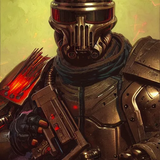 Image similar to the doomslayer as a cyberpunk knight, closeup portrait art by norman rockwell and donato giancola and greg rutkowski