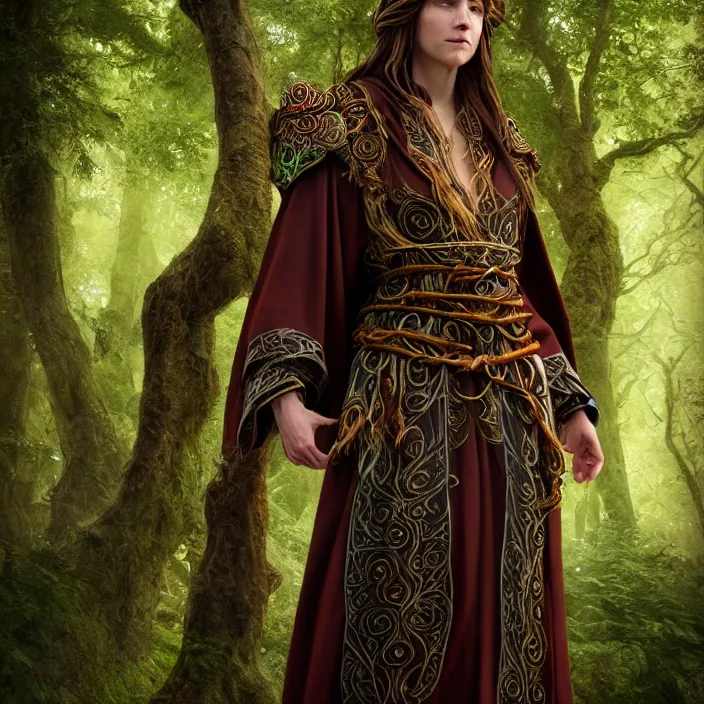 Prompt: photograph of a real-life beautiful druid with ornate robes. Extremely detailed. 8k