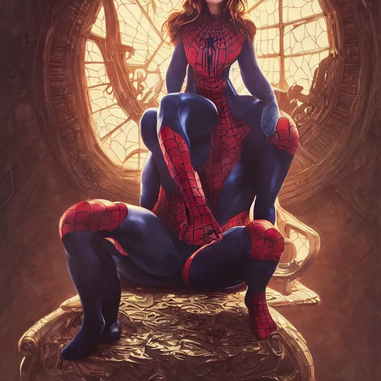 Image similar to emma watson in a spiderman suit sitting on the iron throne, eating a hamburger, gentle expression, elegant clothing, photorealistic, highly detailed, artstation, smooth, sharp focus, art by michael whelan, artgerm, greg rutkowski and alphonse mucha