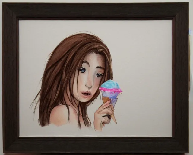 Image similar to a girl with the ice cream watercolor colored pencil painting trending on artstation