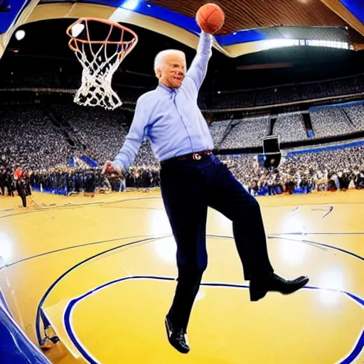 Image similar to joe biden dunking a basketball, high - definition, fisheye lens