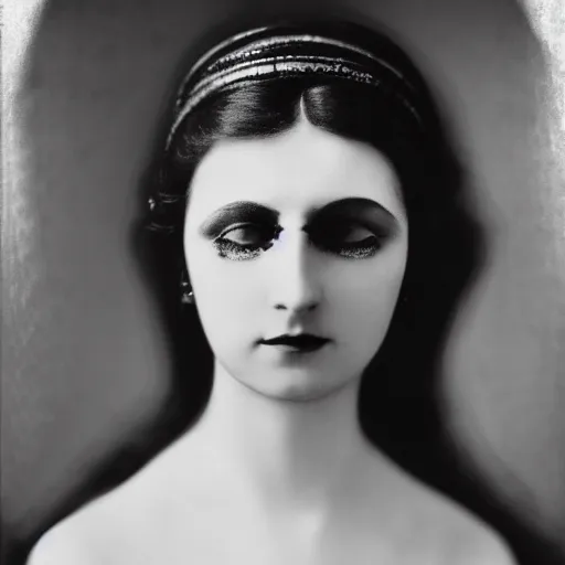 Image similar to black and white photographic dreamy portrait, biomechanical beautiful young female priestess, volumetric light, rim light, by dora maar and cecile beaton, big gothic fashion pearl embroidered collar, 8 k