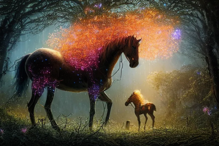 Image similar to a stunning swarm of fireflies forming a horse with a thick mane of bioluminescent vines and flowers running through the woods by greg rutkowski, high key lighting, volumetric light, digital art, highly detailed, fine detail, intricate, ornate, complex, octane render, unreal engine, photorealistic