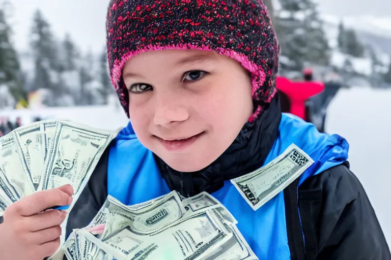 Image similar to A stunning beautiful professional photograph of a kid in a ski mask holding two full bags of cash, from popular magazine, award-winning photography, taken with Leica, sigma art lens, full body shot, highest resolution, highest quality