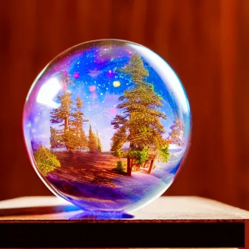 Prompt: a whole universe inside a cosmic crystal ball standing on a mahogany stand on a table in a secret magical forest. Highly detailed, cinematic quality, 8k