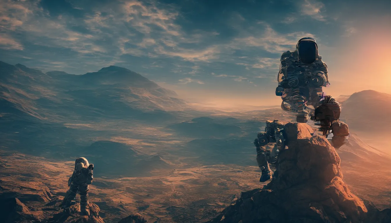 Image similar to lone cyberpunk astronaut sat on top of a mountain looking at the horizon of a unknown planet, close shot, sunset, cinematic, epic, dark scenario, 8k, award winning,