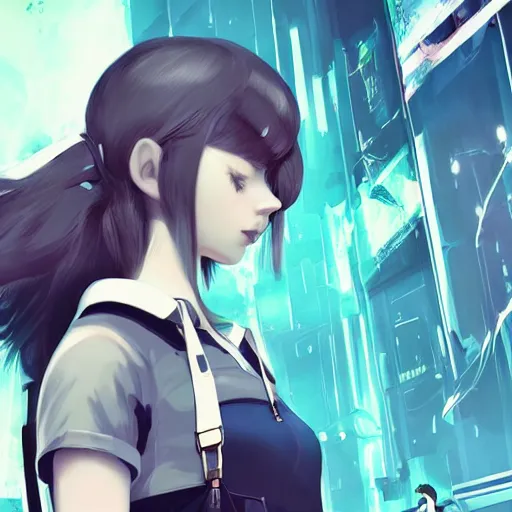 Image similar to Frequency indie album cover, luxury advertisement, white and navy colors. highly detailed post-cyberpunk sci-fi close-up schoolgirl in asian city in style of cytus and deemo, mysterious vibes, by Ilya Kuvshinov, by Greg Tocchini, nier:automata, set in half-life 2, beautiful with eerie vibes, very inspirational, very stylish, with gradients, surrealistic, postapocalyptic vibes, depth of filed, mist, rich cinematic atmosphere, perfect digital art, mystical journey in strange world, beautiful dramatic dark moody tones and studio lighting, shadows, bastion game, arthouse