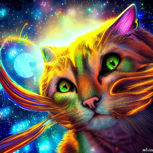 Prompt: Photorealistic magic cats in space. Hyperdetailed photorealism, 108 megapixels, amazing depth, glowing rich colors, powerful imagery, psychedelic Overtones, 3D finalrender, 3d shading, cinematic lighting, artstation concept art, masterpiece