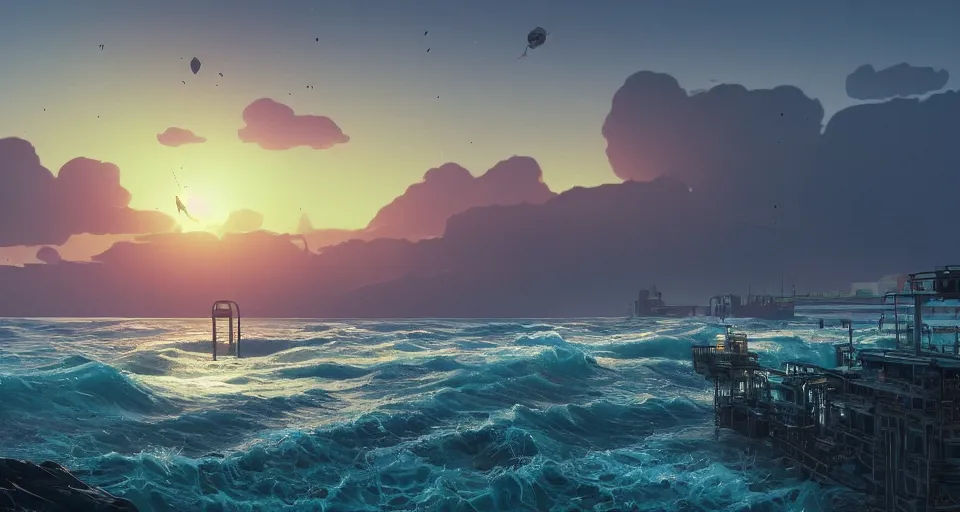 Image similar to A very beautiful serene coastal landscape scene with a GIANT INDUSTRIAL OIL RIGGING FACTORY looming in the distance, bright SUNSET waves splashing on the beach, rendered by simon stålenhag, rendered by Beeple, Makoto Shinkai, syd meade, environment concept, digital art, starwars, Gundam Style, unreal engine, 3 point perspective, WLOP, trending on artstation, low level, 4K UHD image, octane render,