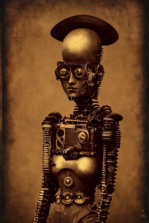 Prompt: tintype vintage photograph portrait of a beautiful female jointed art doll robot, mecha, holding each other, abandoned, broken toys, by agostino arrivabene, by fernand khnopff, by rembrandt, steampunk, by patrick demarchelier, rendered in octane, photography, photorealistic, surreal