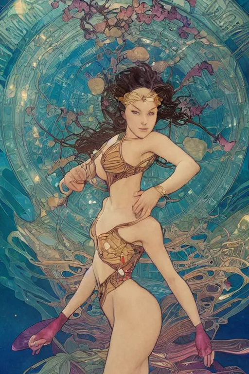 Image similar to swimming through time, by artgerm and yoshitaka amano and moebius and alphonse mucha, hyperdetailed, dc comics, ornate, nebula, explosions in the sky, trending on artstation