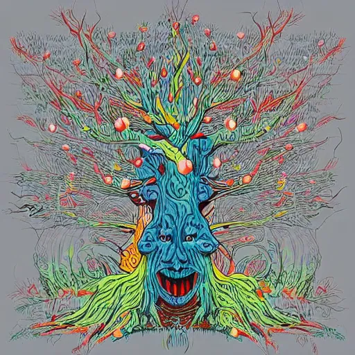 Image similar to “painted tree creatures, dotart, album art in the style of James Jean”