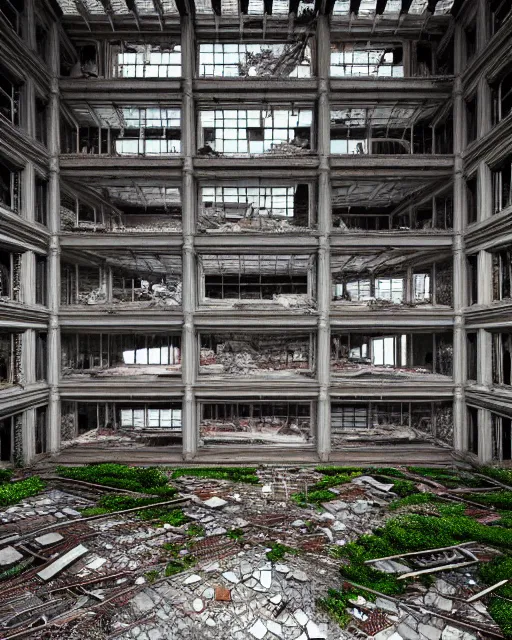 Image similar to a beautiful hyperdetailed painting of building unfinished building industrial architecture city hall abandoned nature urbex by toyo ito, thermal imaging apocalyptic, archdaily, wallpaper, highly detailed, trending on artstation.