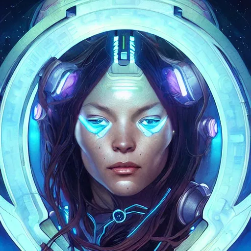 Prompt: cyborg, female, fantasy, bioluminiscence, flowing hair, highly detailed, digital painting, beautiful eyes, symmetry, concept art, sharp focus, illustration, art by artgerm and greg rutkowski and magali villeneuve and ilya kuvshinov! : : alphonse mucha : : - 0. 2