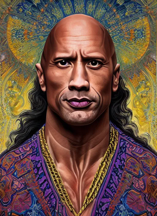 Image similar to beautiful oil painting, full length portrait of Dwayne the rock Johnson as Louis xiv in coronation robes 1701, Dan Mumford, Dan Mumford, Alex grey, Alex grey, highly detailed , lsd visuals, dmt fractal patterns, hallucinogen, visionary art, psychedelic art, ornate, vaporwave