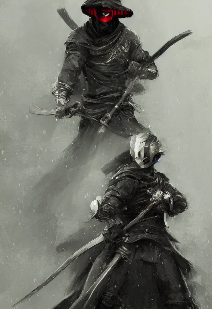 Image similar to a hooded samurai wearing a samurai mask holding his sword in a heroic pose standing in heavy rain magical conceptart, trending on artstation, deviantart.