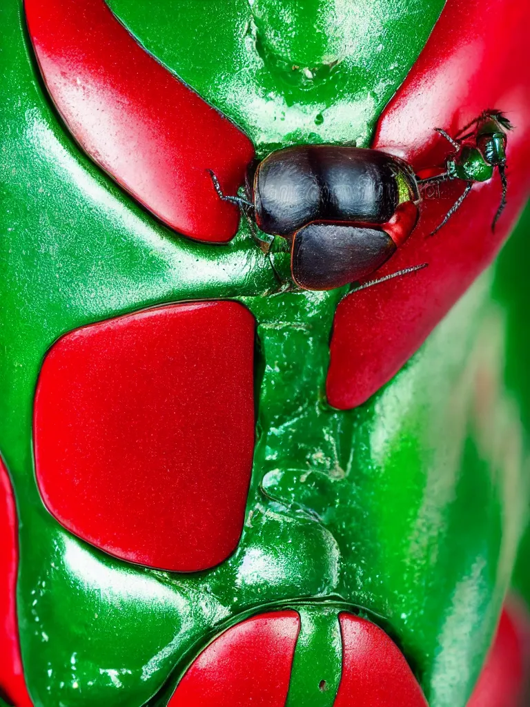 Prompt: subsurface scattering. close - up shot of a beautiful red white and green beetle. insect eyes. complementary color scheme. by slim aarons. studio photography high quality highly detailed award winning photograph by national geographic. soft volumetric light, smooth gradient.