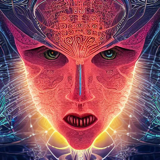 Image similar to Face of a Alien Deity, centered, corals with detailed circuits on it, plume made of geometry, extremly detailed digital painting, sharp focus in the style of android jones, artwork of a futuristic artificial intelligence superstar with frames made of detailed circuits, mystical colors, rim light, beautiful lighting, 8k, stunning scene, raytracing, octane, under water visual distortion, dark tones colors, trending on artstation