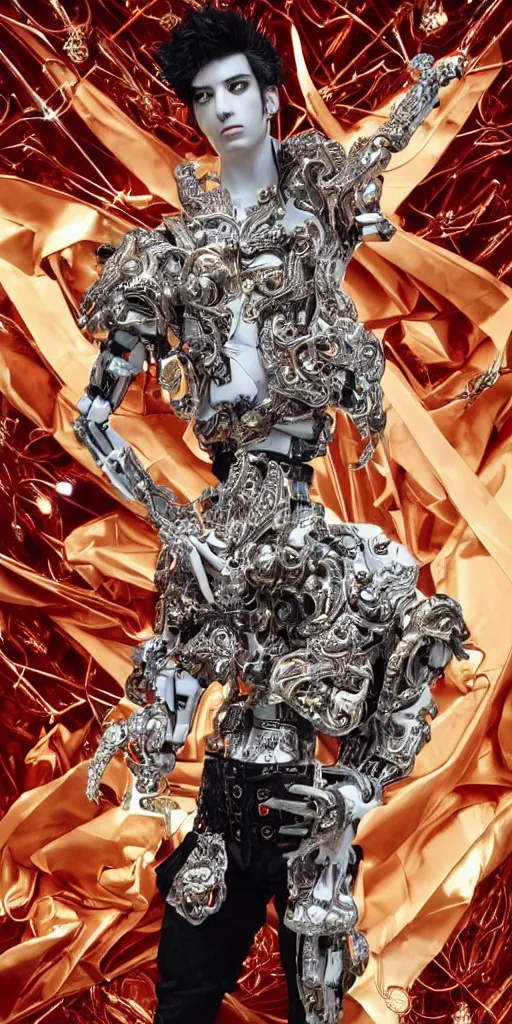 Image similar to baroque and cyberpunk style full-body sculpture of a young seductive Hispanic prince half android with a chest exposing a glowing ruby battery with porcelain arms posed like a model, glowing gold laser eyes, crown of white gears and sparkling diamonds, swirling white-colored silk fabric, robot dinosaurs. modern elements. reflective surfaces. intricate artwork by caravaggio. art by Artgerm and Alphonse Mucha, Trending on artstation, cinematic industrial lighting, photorealistic, octane render, 8k, depth of field, 3D