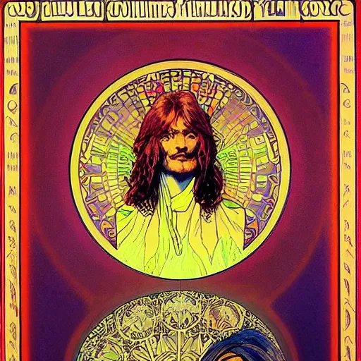Image similar to “colorfull artwork by Franklin Booth and Alphonse Mucha and Moebius showing a portrait of Led Zepplin”