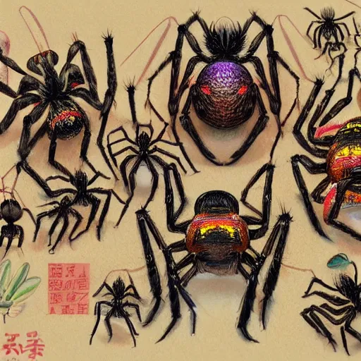 Prompt: a procession of spiders, various sizes and colors, inspired by chu teh - chun, 4 k photorealism, trending on artstation, 4 k quality