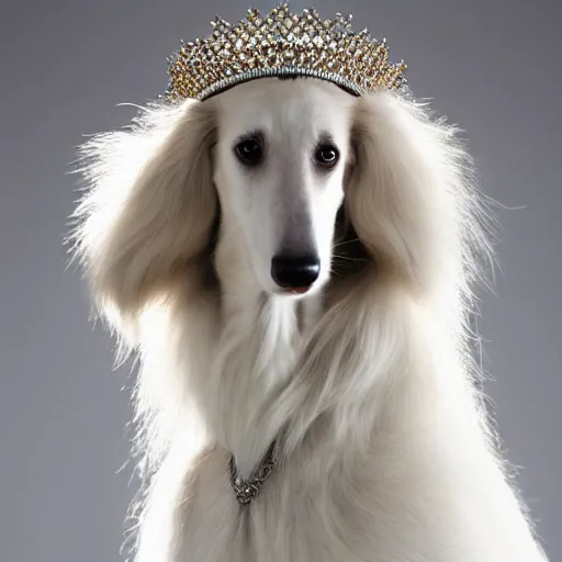 Prompt: A royal borzoi, wearing a crown.