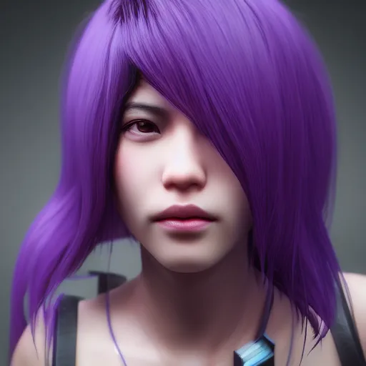 Image similar to Close up portrait of a young Asian Cyberpunk woman with dark purple hair, 3d render, Unreal Engine, octane render, ray tracing, Unity, highly detailed, high quality, HD, 4k, 8k, realistic, sharp, trending