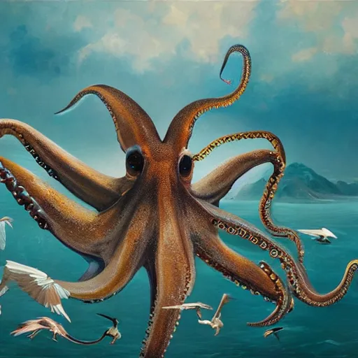 Prompt: an octopus learning to fly with pelicans, oil on canvas, intricate, 8k highly professionally detailed, HDR, CGsociety