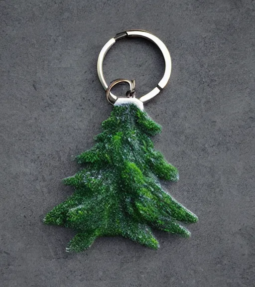 Image similar to realistic keychain of 'a snowy pine tree'