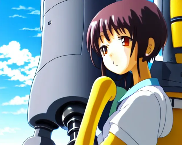 Image similar to anime fine details portrait of joyful school girl hugging big robot, city landscape on the background deep bokeh, profile close-up view, anime masterpiece by Studio Ghibli. 8k, sharp high quality anime