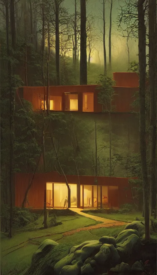 Image similar to cozy ultra modern home in the woods moody lighting, highly detailed, painting by zdzisław beksinski and norman rockwell and greg rutkowskiweta studio, and lucasfilm