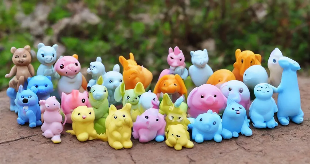 Image similar to some cute plastic toys that look like animal characters, pastel colors