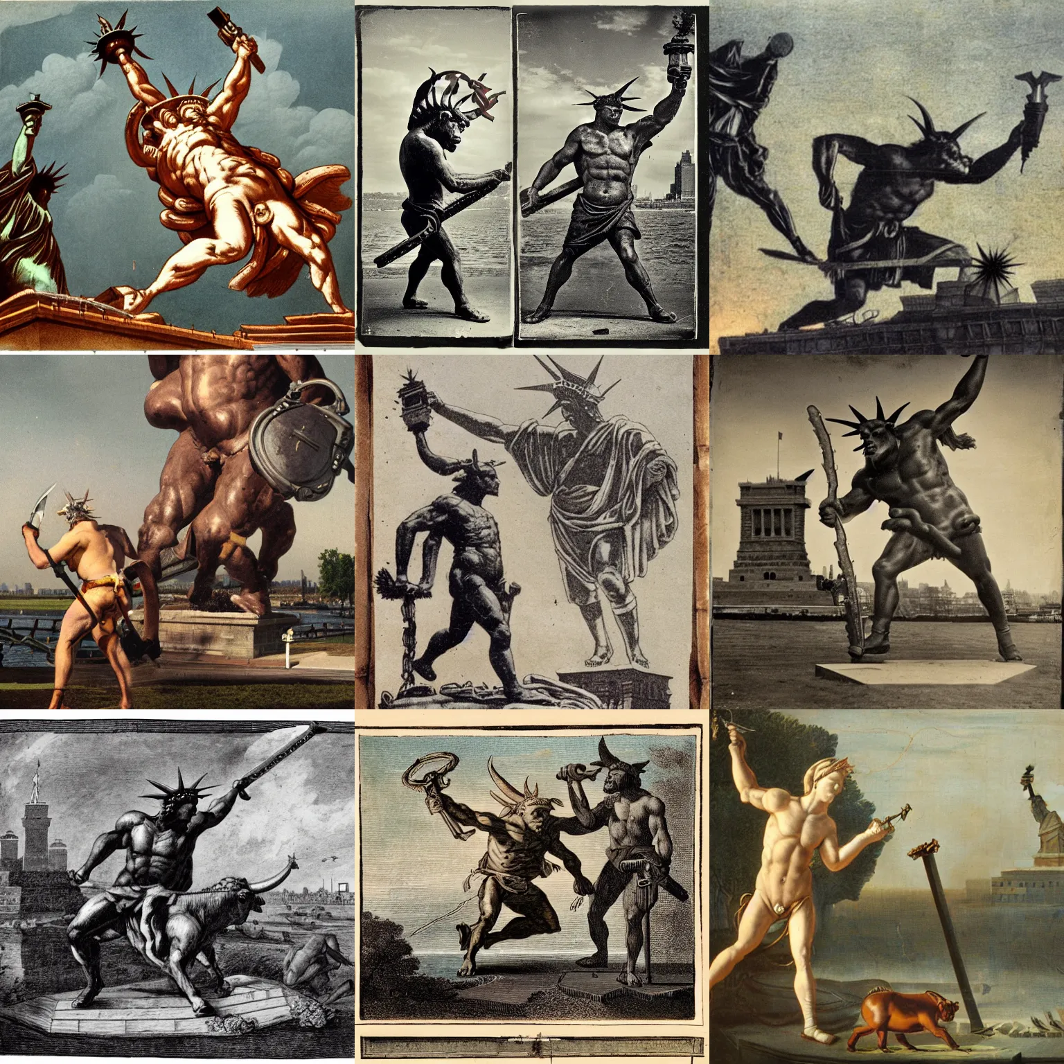 Prompt: photograph of a minotaur with a chainsaw fighting the statue of liberty