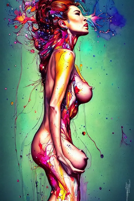 Prompt: sophia vergara by patrice murciano and agnes cecile and enki bilal moebius, intricated details, 3 / 4 back view, bendover posture, full body portrait, extremely luminous bright design, pastel colours, drips, autumn lights