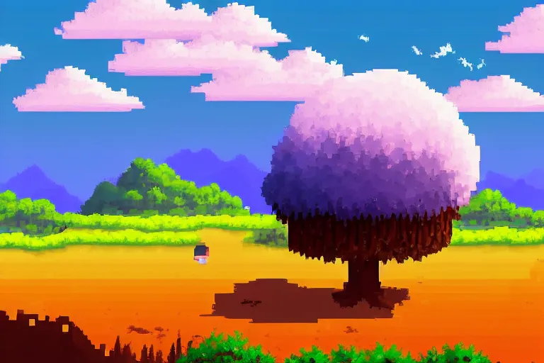 Image similar to landscape, summer, morning, beautiful cloud, quiet, no people, trending on artstation, trending on deviantart, pixelart, pixelperfect, pixel art, pixel, art of angrysnail, Eastward style, Tales of the Neon Sea style