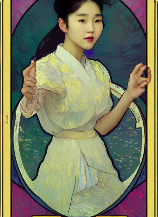 Image similar to portrait of teen Lee Ji-eun wearing a divine celestial elegant suit, rule of thirds, seductive look, captivating, Vincent van Gogh pastiche by Alphonse Mucha, artstation, cinematic, award winning, original modern artwork, set on Singaporean aesthetic, rgb ethereal lighting