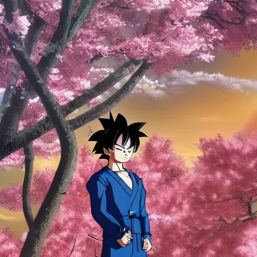 Prompt: highly detailed photo of goku wearing tuxedo standing in front of sakura trees, anime concept art, highly detailed, 8 k