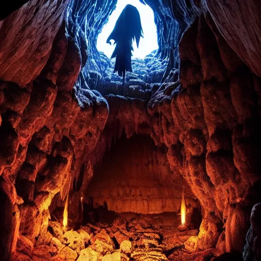 Prompt: deep in a large open cavern in a crystal cave there is a gigantic demonic portal to hell, fantastic composition