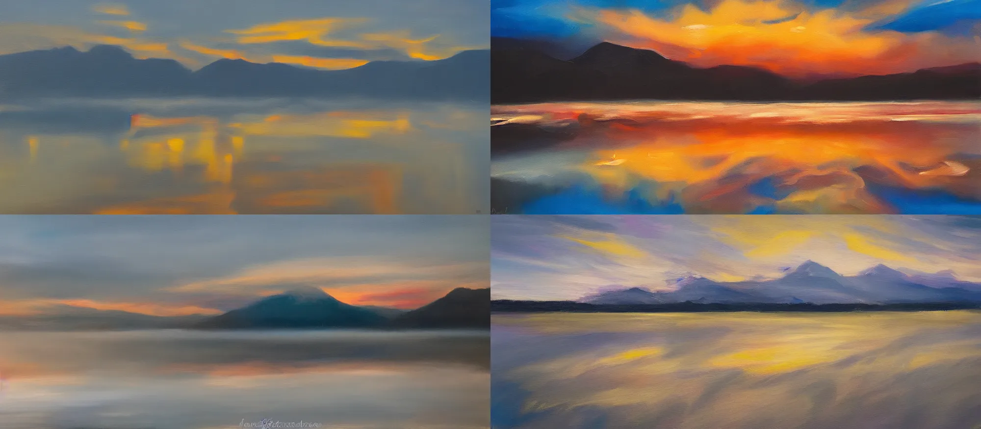 Prompt: oil paint abstraction mountain sunset over water, reflections, crepuscular rays, long exposure