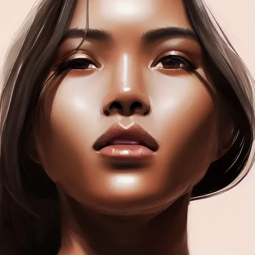 Image similar to indonesian Supermodel, olive skin, long dark hair, beautiful bone structure, intricate, elegant, highly detailed, digital painting, artstation, concept art, smooth, sharp focus, illustration, art Chuck Close