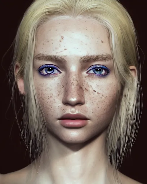 Prompt: portrait of a pretty russian girl, blue eyes, freckles, blonde hair, half korean, au naturel, hyper detailed, digital art, trending in artstation, cinematic lighting, studio quality, smooth render, fluorescent skin, unreal engine 5 rendered, octane rendered, art style by klimt and nixeu and ian sprigger and wlop and krenz cushart