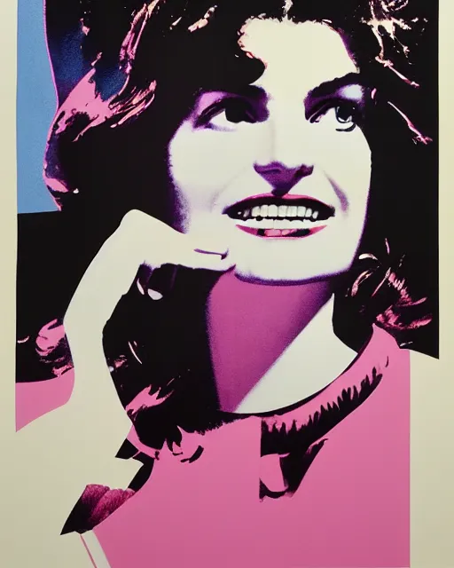 Image similar to beautiful fantasy character portrait, jacqueline kennedy silk screen print by andy warhol, wearing oversized puffy pink bomber jacket and black bikini, ultra realistic, wide angle, seductive pose, cyberpunk artifacts, highly detailed by peter mohrbacher, hajime sorayama, wayne barlowe, boris vallejo, aaron horkey, gaston bussiere, craig mullins