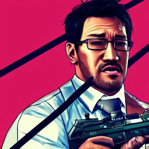 Prompt: Markiplier in a GTA 5 cover art style, highly detailed, trending on art station