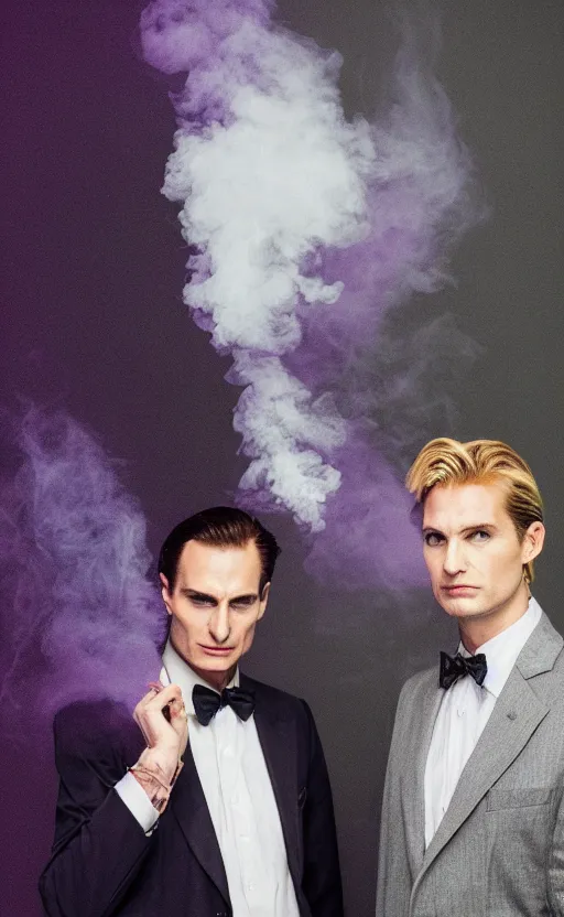 Image similar to a realistic photo of blond Patrick Bateman in purple jacket, Kira Yoshikage in real life, studio photography , dark grey background, softly backlit, gentle smoke effect, photo courtesy Museum of art