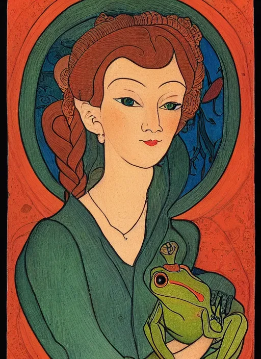 Image similar to portrait of a woman holding a frog ; pretty face ; ivan bilibin style ; 8 k