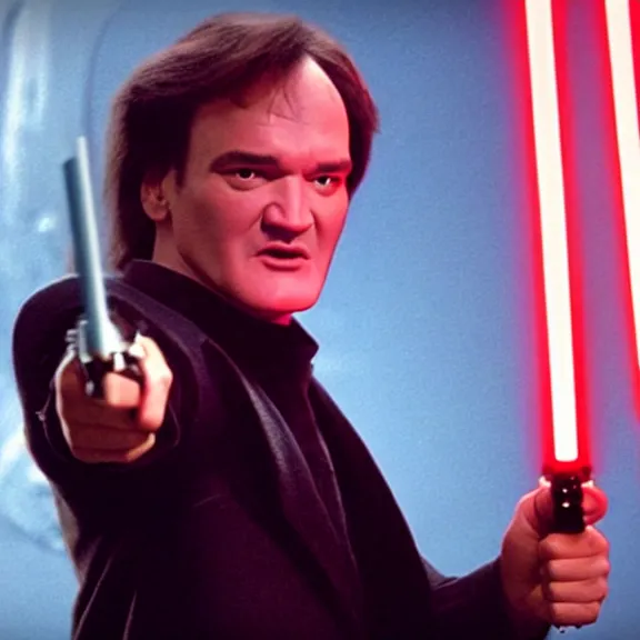 Prompt: quentin tarantino giving his thumbs up with one hand, and raising a lightsaber with his other hand. without characters. red background. cinematic trailer format.