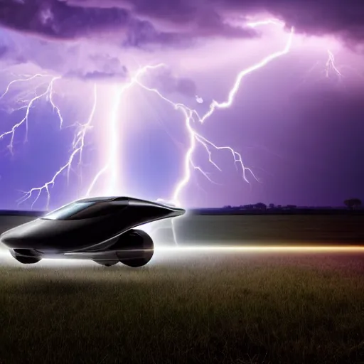 Image similar to futuristic flying car emerging from a circle of lightning in the sky, thunderstorm at night, 28mm dramatic photo