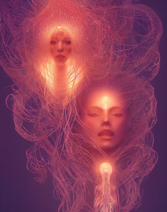 Image similar to goddess portrait. jellyfish phoenix head. intricate artwork by Tooth Wu and wlop and beeple. octane render, trending on artstation, greg rutkowski very coherent symmetrical artwork. cinematic, hyper realism, high detail, octane render, 8k